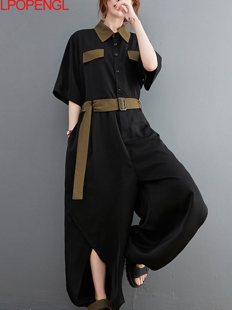 New Fashion Women's Patches Ankle Length Pants Spring And Summer Waistband Loose Office Lady Contrast Pullover Wide Leg Jum