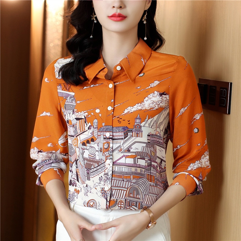 Chic Printed Satin Silk Long Sleeve Tops Women Shirts And Blouses Ladies Work Korean Fashion Female Clothing Blusas Para Mujer