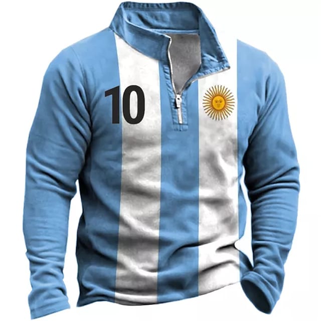 Argentina Flag Long Sleeve POLO Shirt Men's Zipper Sweatshirt Pullover Blue Half Zipper Stripe Graphic Zipper Print Daily S