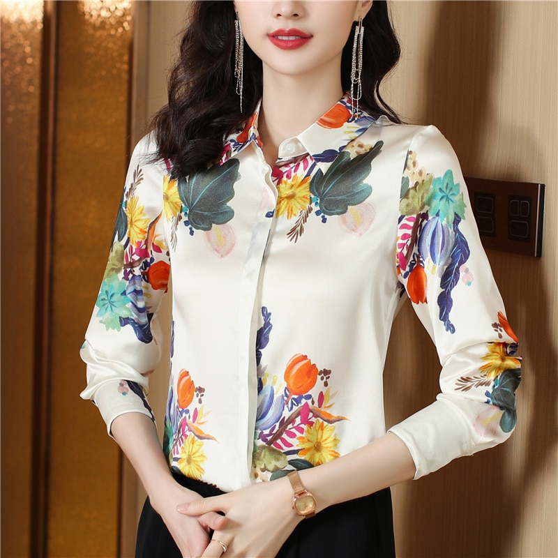 Elegant Ladies Work Long Sleeve Top Women Satin Silk Shirts And Blouses Flower Korean Fashion Female Clothing Blusas Para Mujer