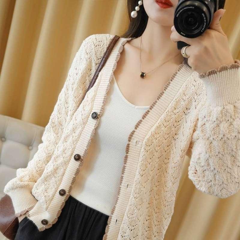 New High Quailty Hollow out Women's Oversized Soft Cropped Cardigan Knitted Sweater Buttons Loose Coat V-Neck Long Sleeve T