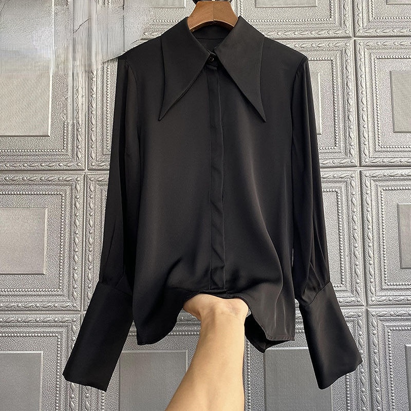 Black Imitation Mulberry Silk Top Long Sleeve Shirt Female Black Single Breasted Office Ladies Blusa Feminina Womens Tops