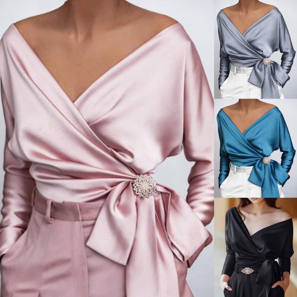 Satin Blouse Women Fashion Elegant Female Shirts Patchwork Blouses Sexy Deep V Neck Long Sleeve Belted Tops