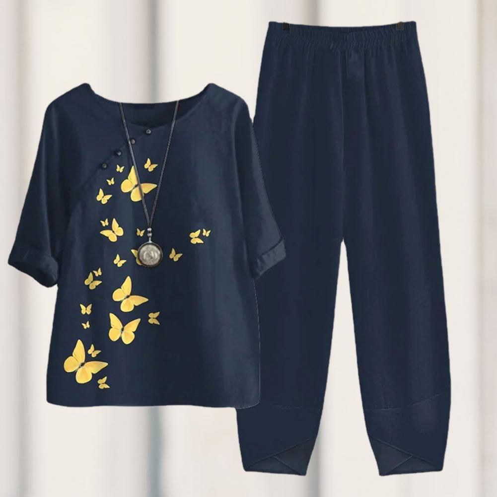 2Pcs/Set Women Shirt Pants Set Half Sleeves O Neck Spring Top Pants Set Butterfly Print Shirt Elastic Waist Casual Lady Outfits