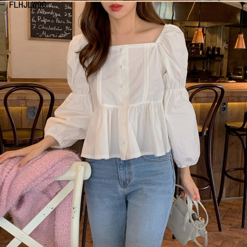 Chic Korea Square Neck Tops Blusas Women Spring Cute Japan Girls Solid Color White A Line Belly Peplum Short Shirts Blouses
