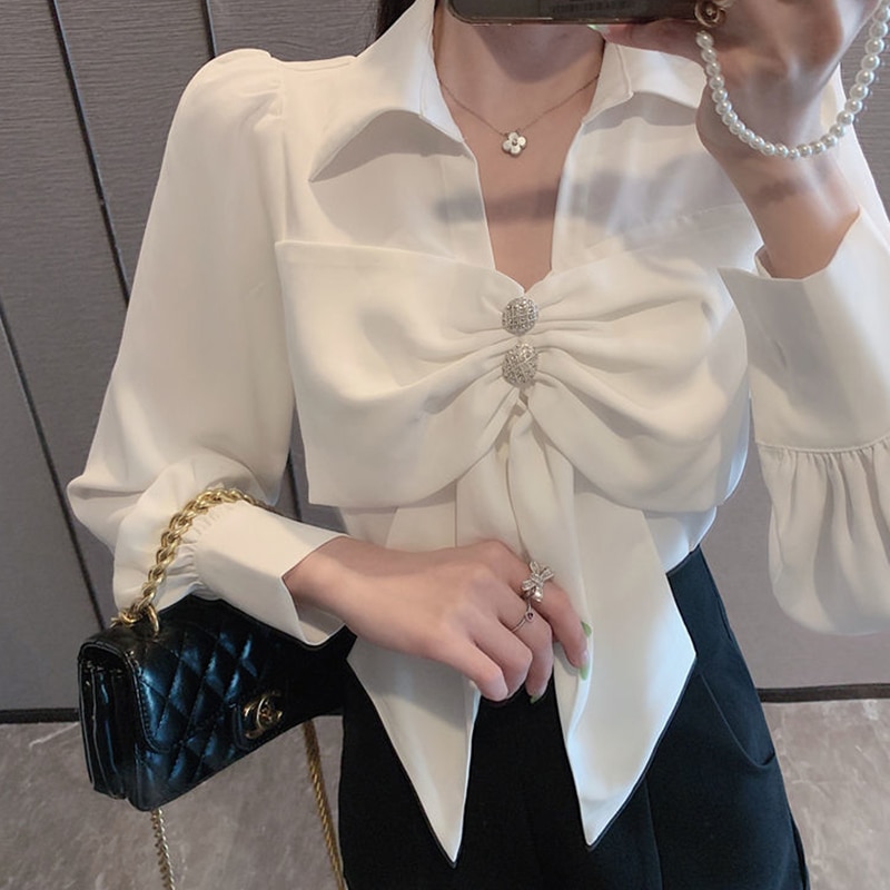MEXZT Bow Long Sleeve Blouses Women Korean Fashion V Neck White Chiffon Shirt Office Lady Spring Elegant Casual All Match Tops