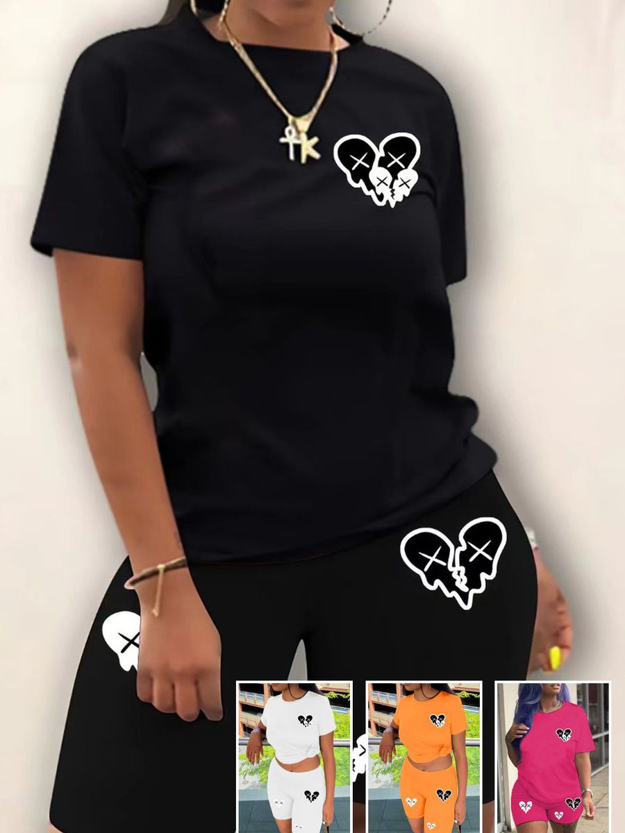 LW Broken Heart Print Two Pieces Short Crew Neck Sleeve Tee & Biker Shorts Set High Stretch Casual 2pcs Set Daily Outfits