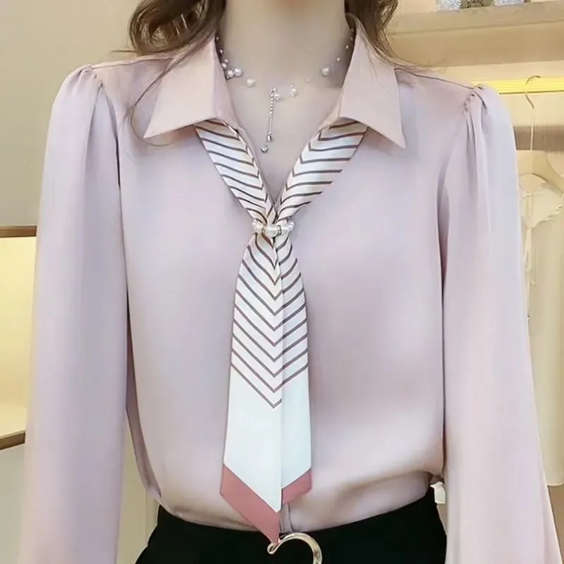 Fashion Pullover Shirt Women's Long Sleeve Spring Autumn 2023New Solid Color Joker Ladies Slim Scarf Tie Lapel Shirt Pink B