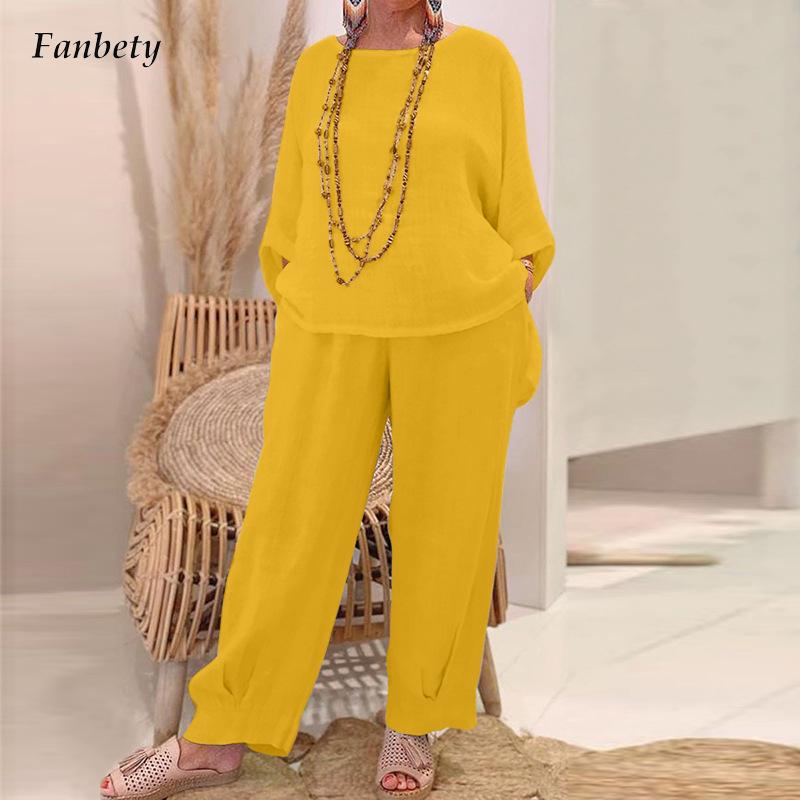 Elegant O-neck Pullover Top & Long Pant Suit Women Casual Long Sleeve Pocket Solid Suit Fashion Cotton Linen Loose Two Piece