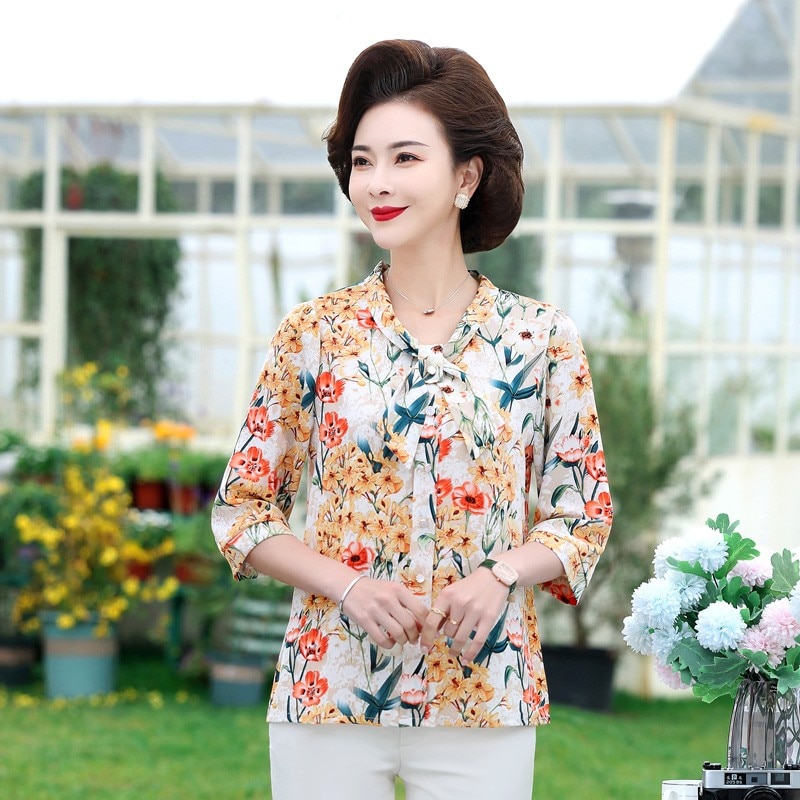 Bow Elegant Chic Fashion Blouse Women Casual Loose Floral Print Three Quarter Sleeve Shirt Ladies Tops Blusas Mujer 2023