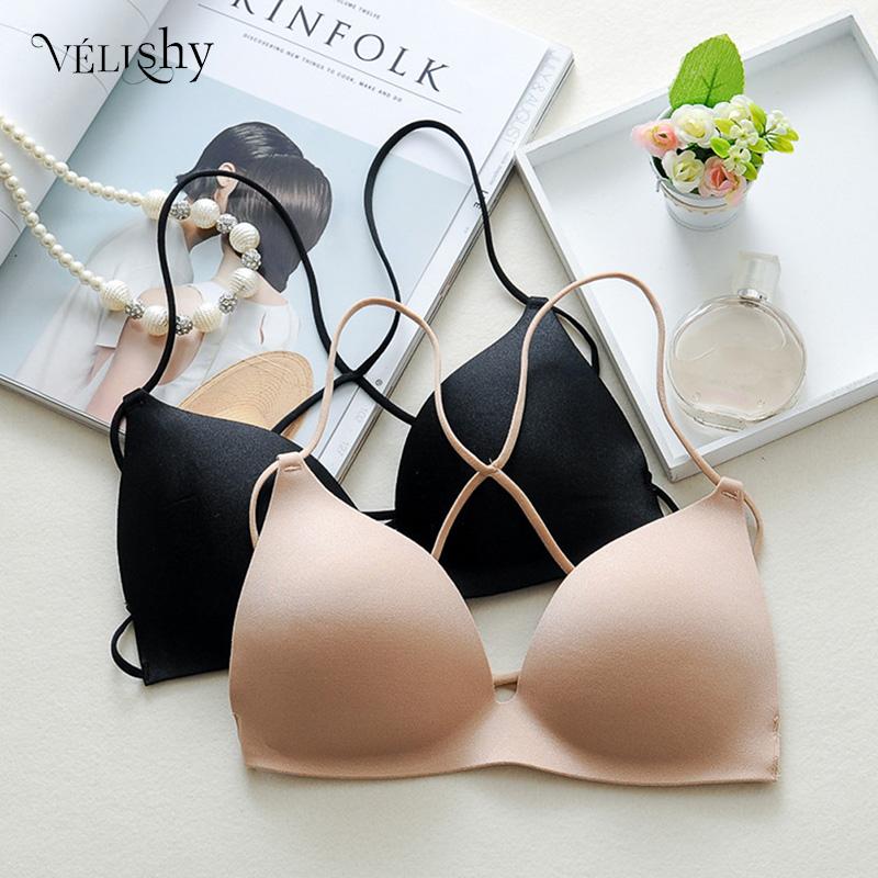 Women's Bras Seamless Underwear Bra Female Push Up Bralette Wire Free Strap Brassiere Ladies Solid Black Backless Lingerie