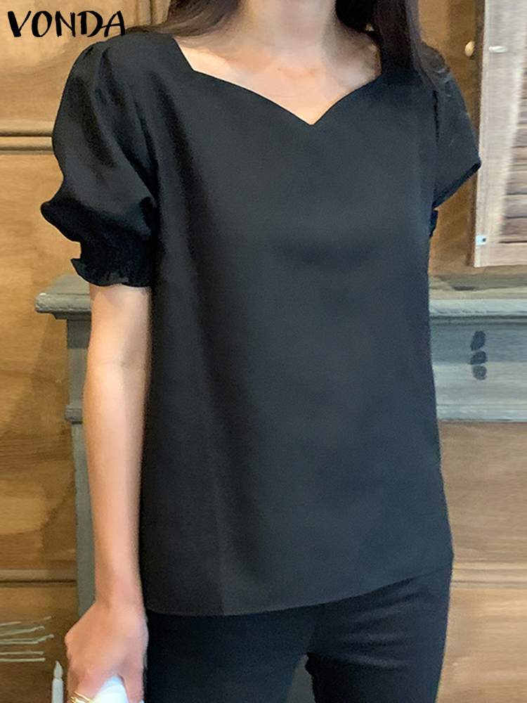 VONDA Summer Tunic Tops Women Elegant Sexy V-Neck Solid Blouses 2023 Fashion Short Puff Sleeve Shirts Casual Blusas Femininas
