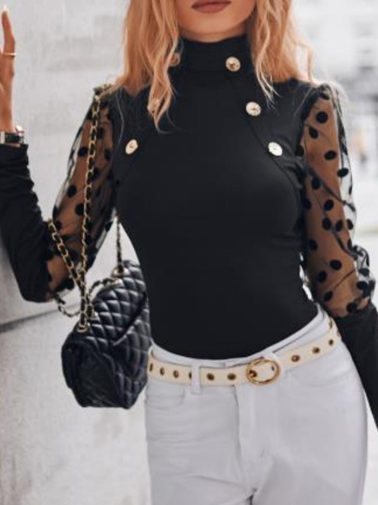 MKDLUFI Contrast Mesh Puff Sleeve Button Detail Blouse Tops Women
