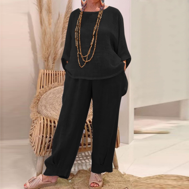 2023 Retro Women Cotton Linen Set Summer Thin Loose Solid Homewear Two Piece Set Casual Streetwear Long Pants Outfits Clothing