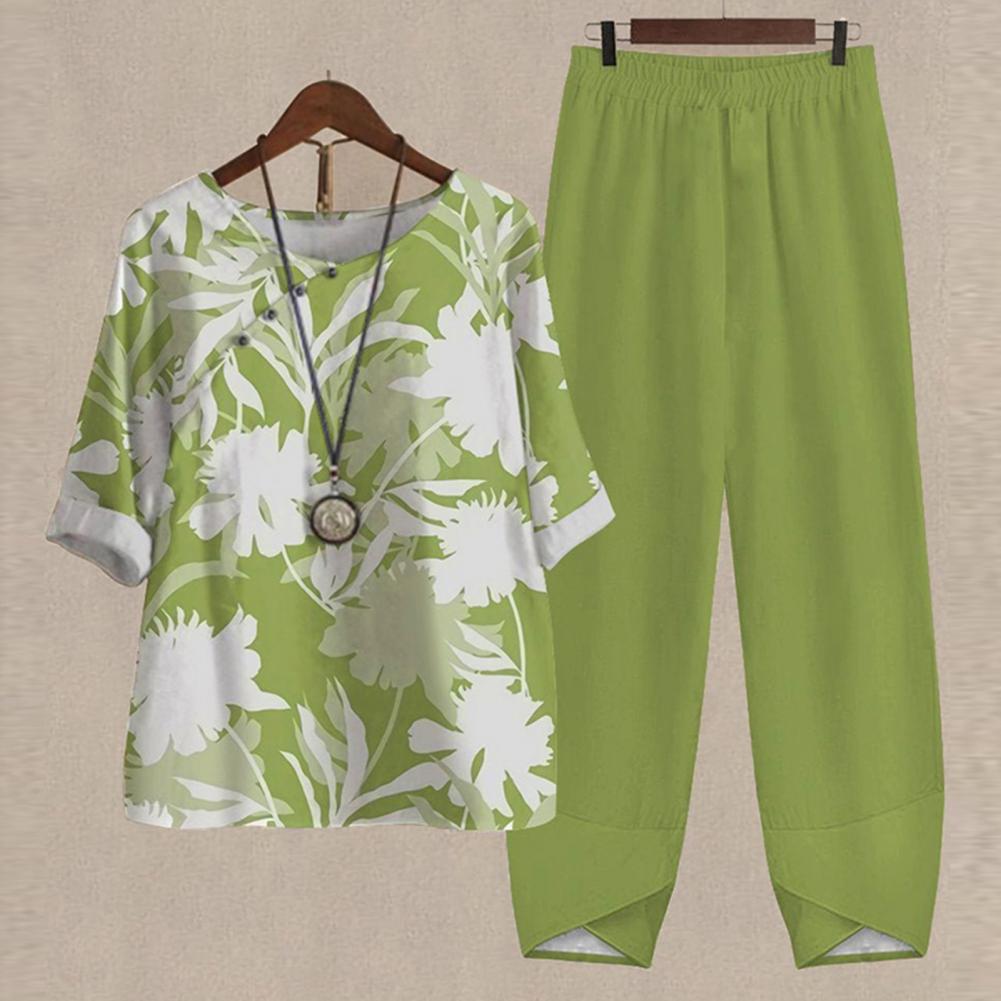 M-4XL Women Summer Two Pieces Set Round Neck Half Sleeve Elastic Waist Cotton Blend Flower Print Pullover Blouse Wide Leg Pants