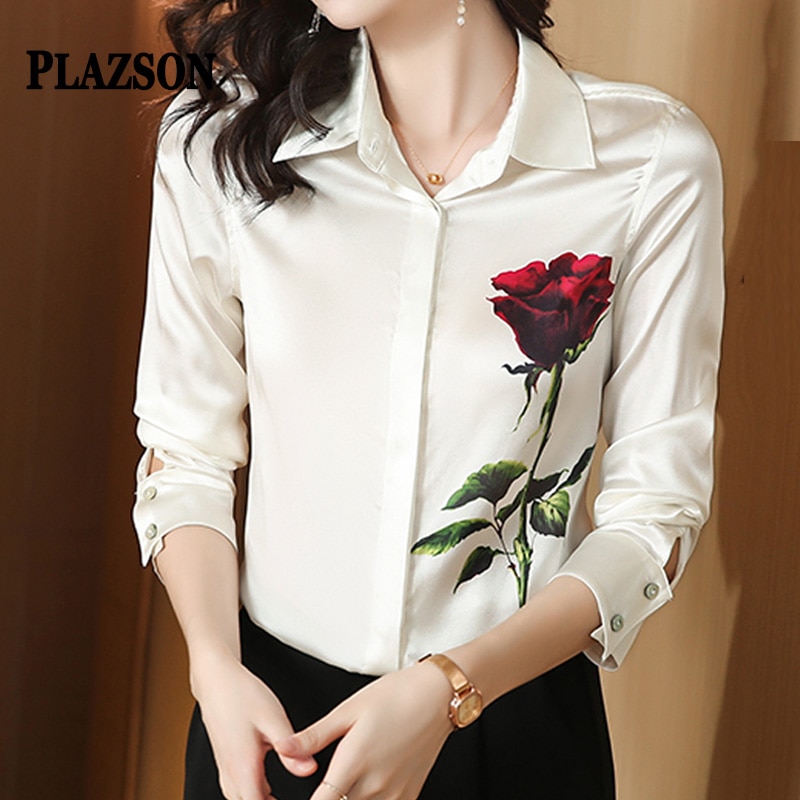 PLAZSON Summer White Women Shirt French Elegant Rose Print Lapel Blouse Loose Long Sleeve Oversized Shirts camisa blanca mujer