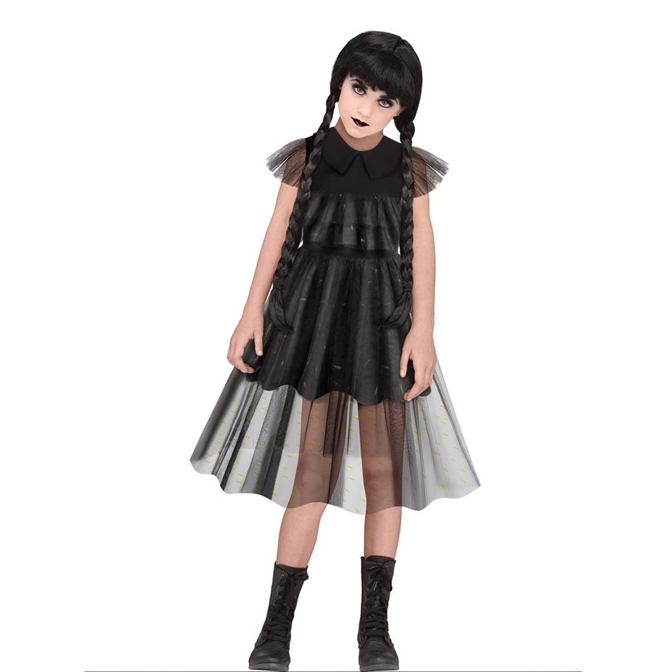 Girls Laced Cosplay Costume Black Wednesday Dress Addams Fancy Kids Dress Children Role Play Party Clothes 2023 New 4-10 Years