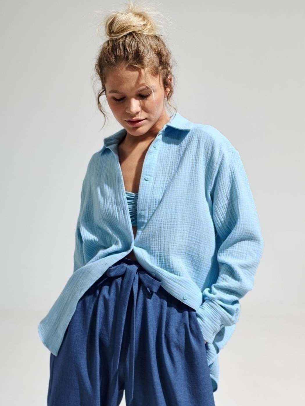 Spring Summer Casual Solid Double-layer Pleated Shirts Cotton Long Sleeve Lapel Women Shirt Top Fashion Loose Basic Blouse
