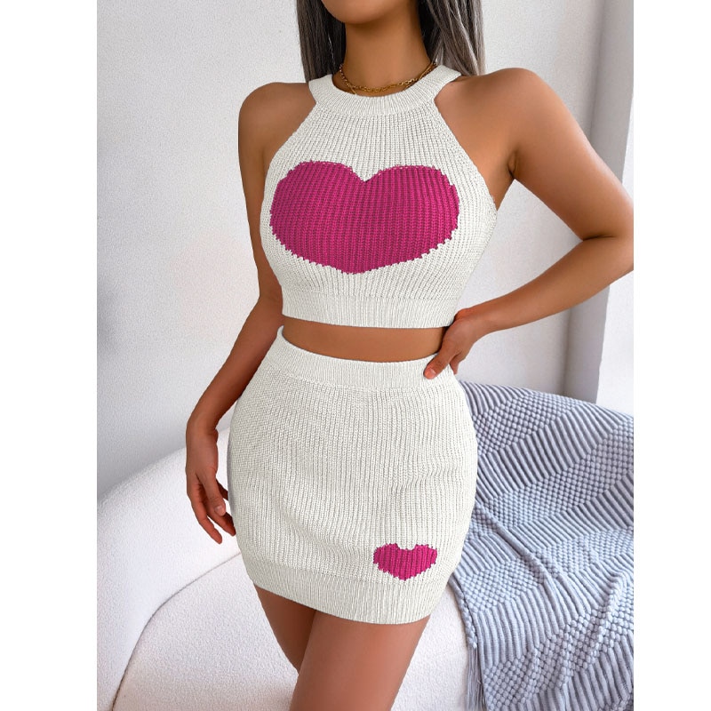 Women's Clothing 2023 Casual Love Contrasting Color Crop Top and Hip Skirt 2-Piece Suit Elegant Luxury Ladies Party Vestido