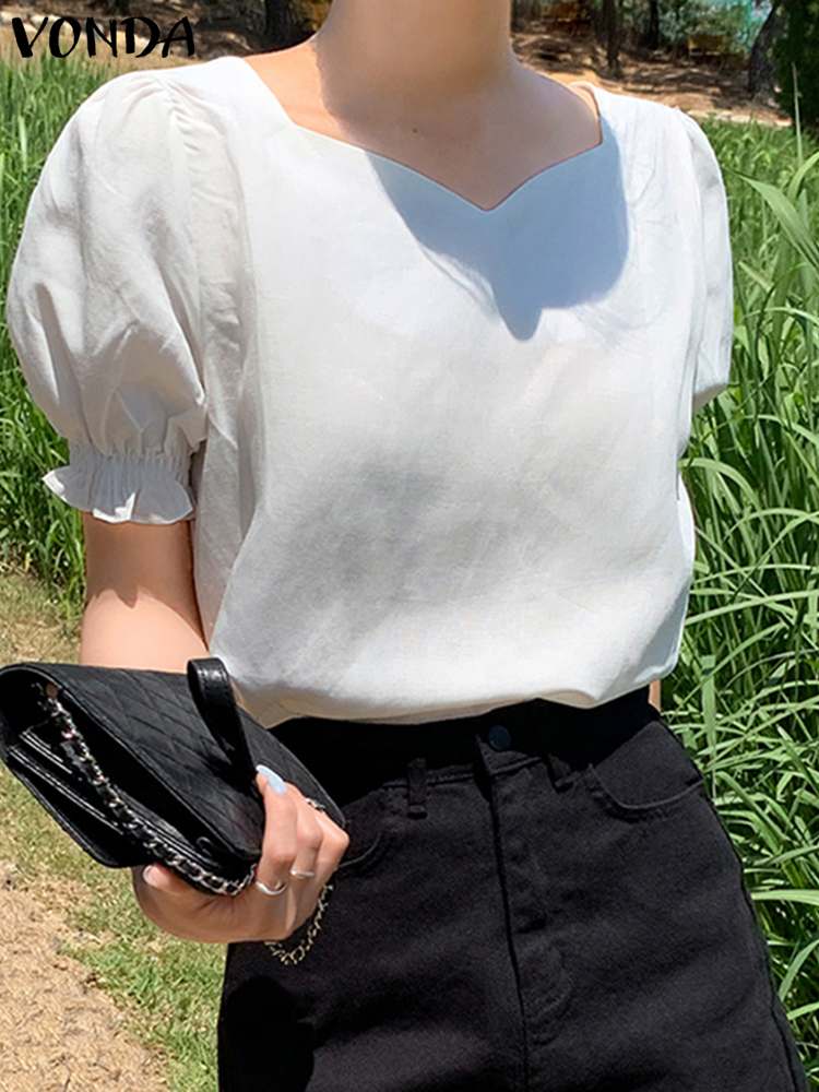 Women Blouse 2023 Summer Puff Sleeve Solid Color Elegant Blouse VONDA Casual Short Sleeve Shirts Femininas Office Tops Baggy