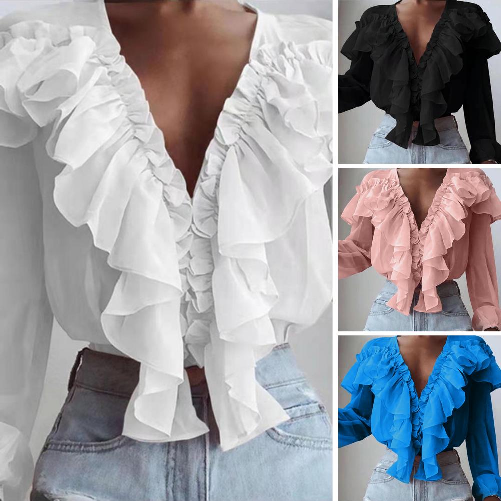 Spring Women White Ruffle Blouse Long Sleeve Top Chiffon Shirt Work Casual Lady Solid Color Pink V-neck Blouses Tunic Clothes