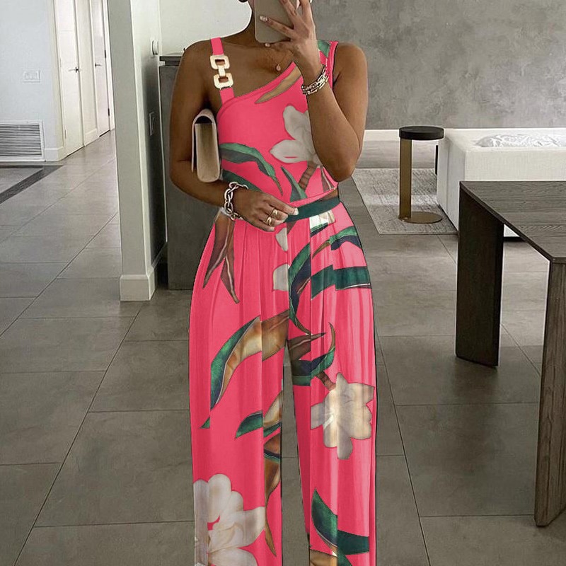 Spring Sexy One Shoulder Strap Jumpsuit Women Floral Print Wide Leg Pleated Romper Summer Backless Hollow Party Playsuit Overall