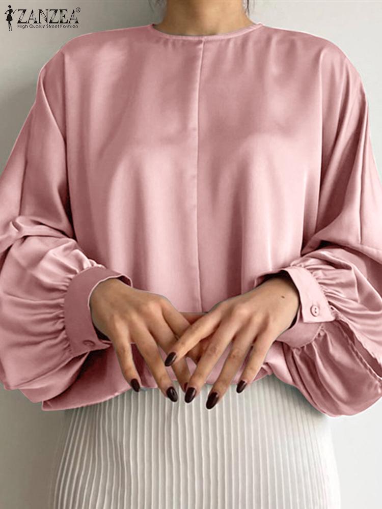 ZANZEA Women Lantern Sleeve Shirt CKorean Fashion Satin Blouses asual Round Neck Seamed Tops Elegant Solid Color Versatile Blusa
