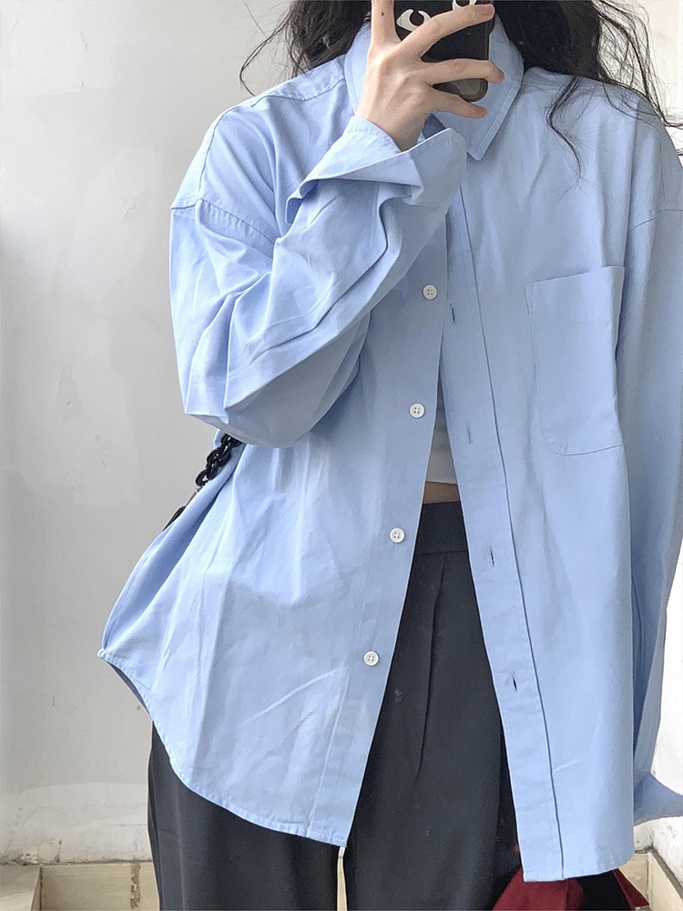 Blue Long Sleeve Shirt Coat Women's Spring and Autumn Simple Medium Length Suit Overlay Shirt Unique Top