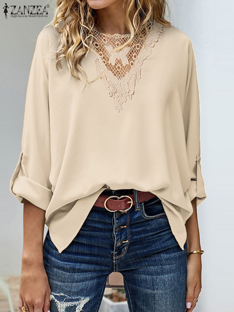 ZANZEA Casual Loose Solid Color Blouses Fashion Women Lace Trim O Neck Top Long Sleeve High-low Tops 2023 Spring Side Slit Blusa