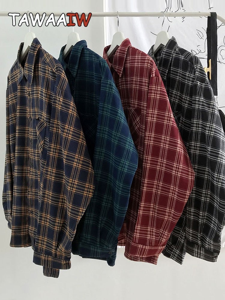 Tawaaiw Plaid Shirts Women Spring Long Sleeve Oversize Button Up Shirt Korean Style Casual Blouse Outwear Ladies Tops Blusas