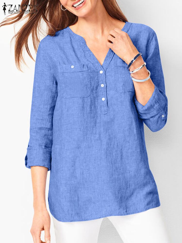 ZANZEA Spring Vintage Women's Tops V-Neck Solid Color Long Sleeve Shirt Elegant Button Blouse Female Fashion OL Chemise Ove