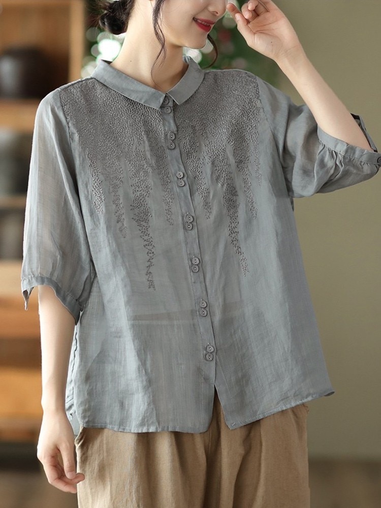High Quality Embroidery Casual Shirts Women New 2023 Vintage Style Half Sleeve Loose Female Cotton Linen Tops Shirt B2465