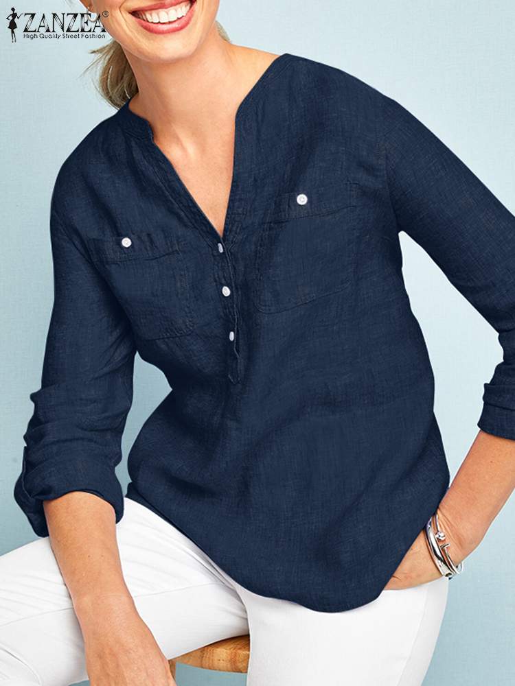 ZANZEA Spring Elegant Vintage Tops Fashion Solid Color Women's Blouse Long Sleeve V-Neck Shirt Female OL Button Pockets Che