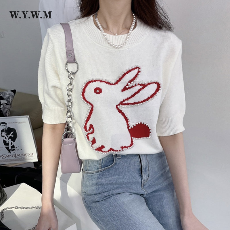 WYWM Rabbit Embroidered Pearl Patchwork Sweater Women Loose Short Sleeve Korean Pullovers Female Leisure O Neck Sweet Knitwear