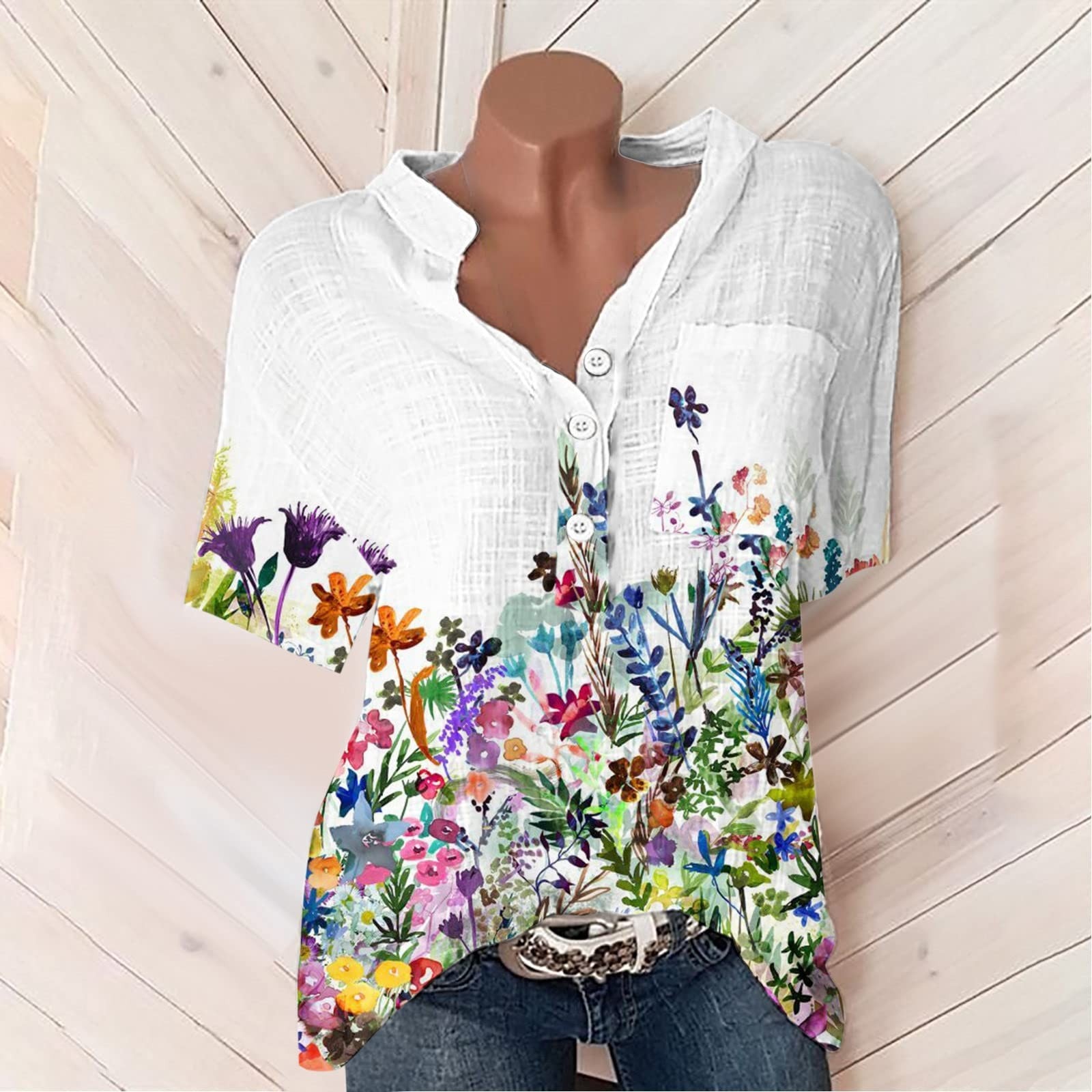 Casual Short Sleeve Cotton Linen Shirt Women's Blouse Elegant Vintage Floral Harajuku Button Shirt Streetwear Loose Tunic T