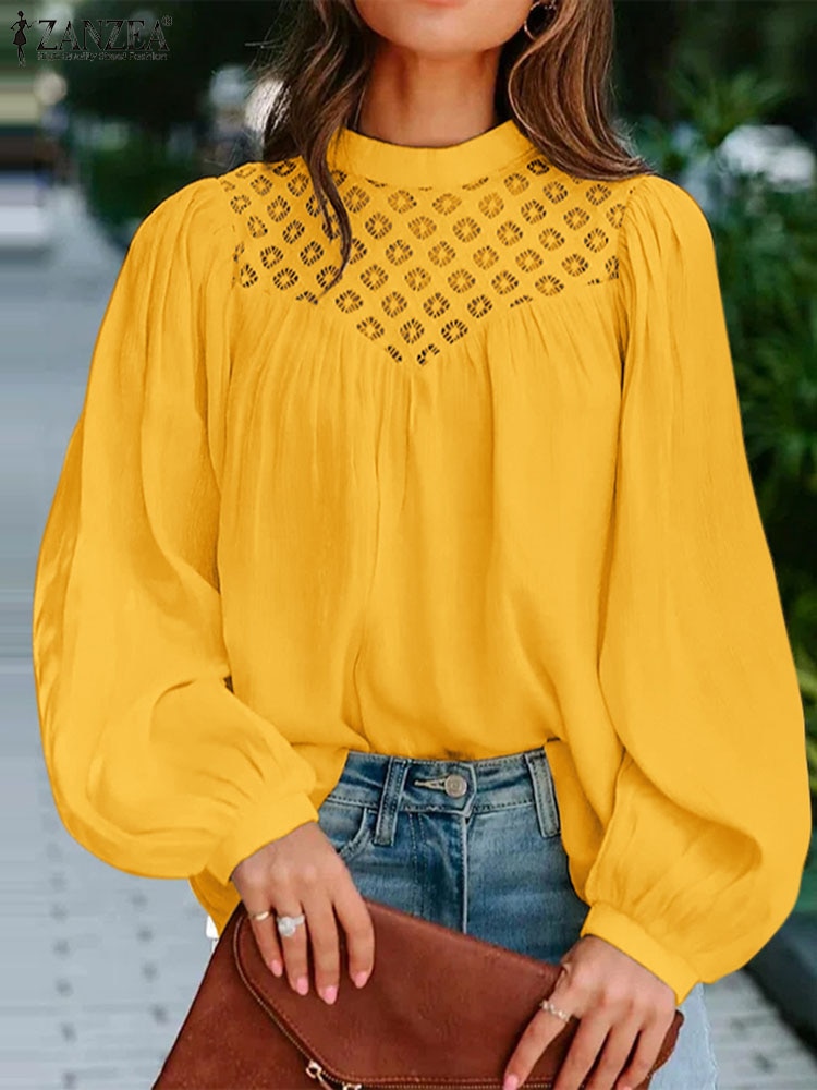 ZANZEA Fashion Puff Sleeve Tops Female Street Office OL Shirt Spring Splicing Lace Blouse Stand Collar Casual Holiday Chemise