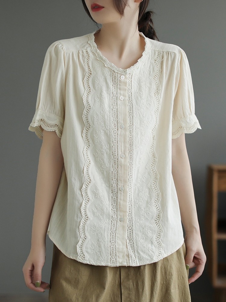 Women Summer Casual Shirts New Arrival 2023 Vintage Style Lace O-neck Loose Comfortable Female Short Sleeve Cotton Tops B2466