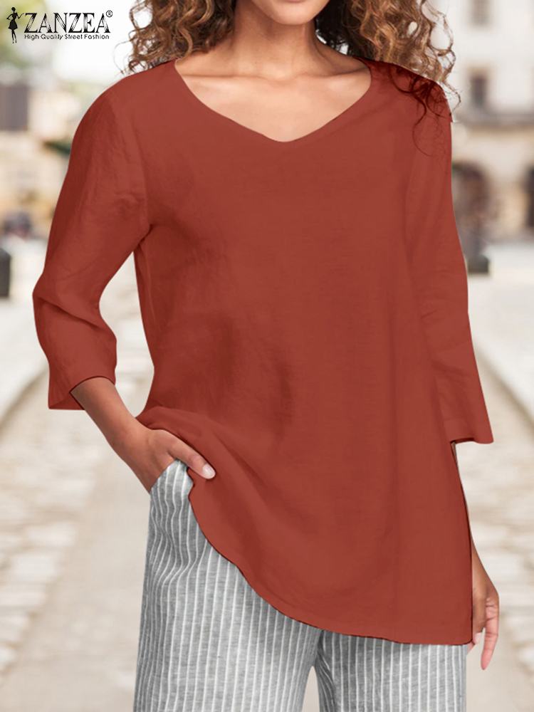 ZANZEA Casual Loose Holiday Shirt 3/4 Sleeve 2023 Summer Retro Fashion Tops Cotton Solid Color Simple Women Tunic O-neck Blouse