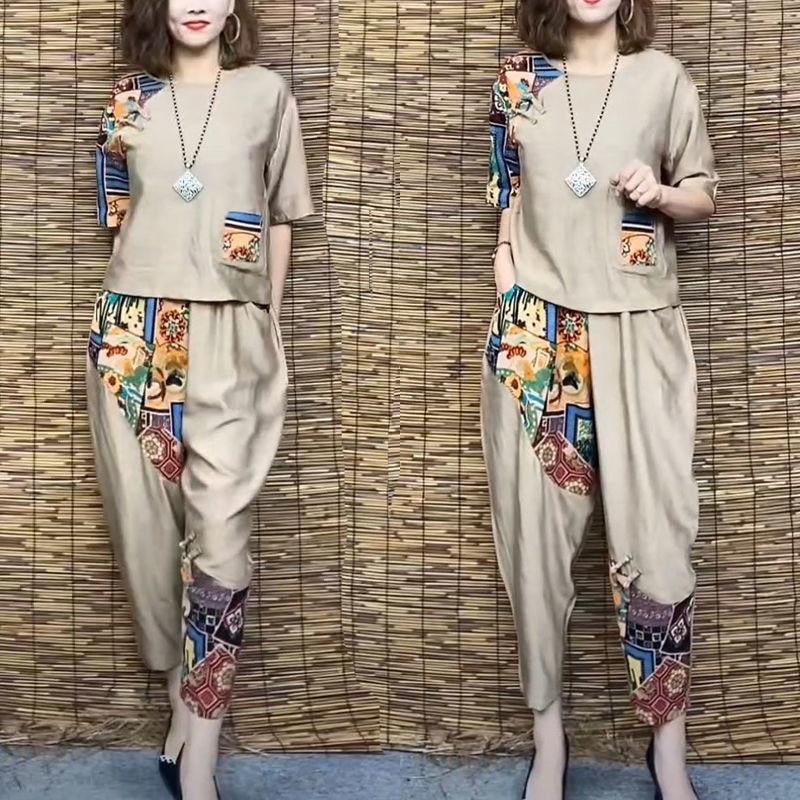 New Womens Slim Suit Summer Casual Short Sleeve T-Shirt Top Harlan Cropped Pants Plus Fashion Cotton Linen 2 Two Piece Set