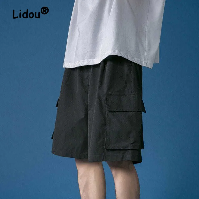 Fashion Solid Color Traight Cylinder Large Pocket Men's Cargo Shorts Classic Loose Street Casual Korean All-match Male Shor