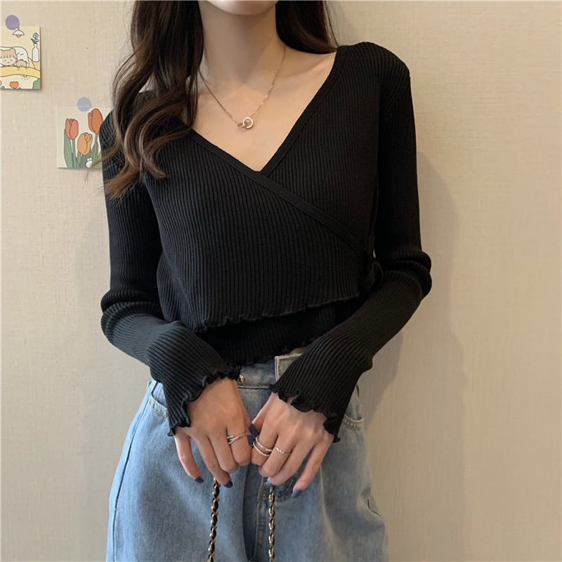 Spring and Autumn V-neck Knitted Long-sleeved Cropped Sweater New 2021 Fashion Slim Solid Color Korean Clothes Women's Card