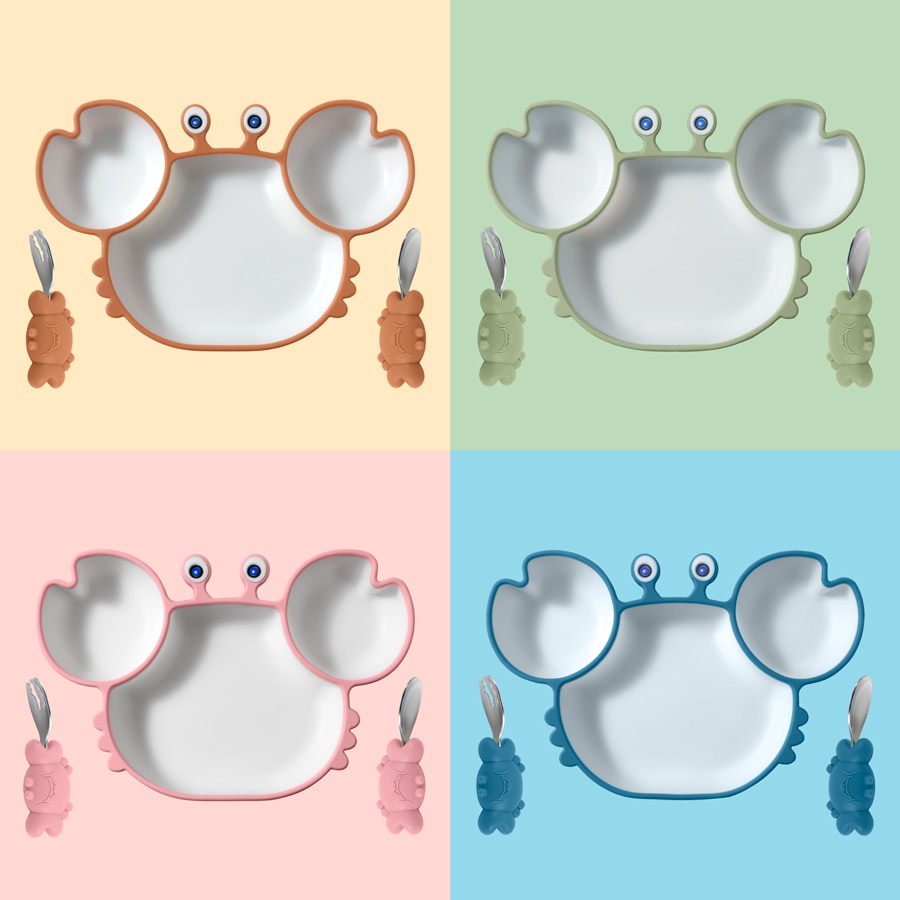 Mother Kids Cartoon Crab Baby Feeding Set Suction Bowl Plates Spoons Silicone Children's Tableware BPA Free Food Tray Baby 