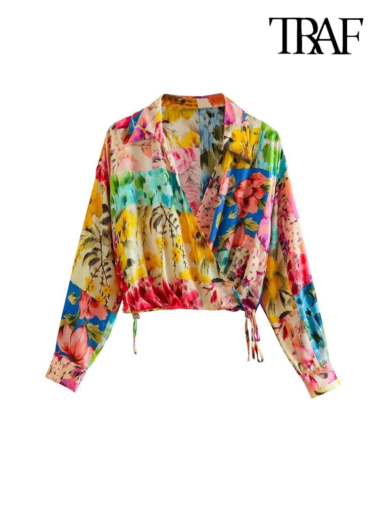 TRAF Women Fashion With Tied Patchwork Print Wrap Blouses Vintage V Neck Long Sleeve Female Shirts Blusas Chic Tops