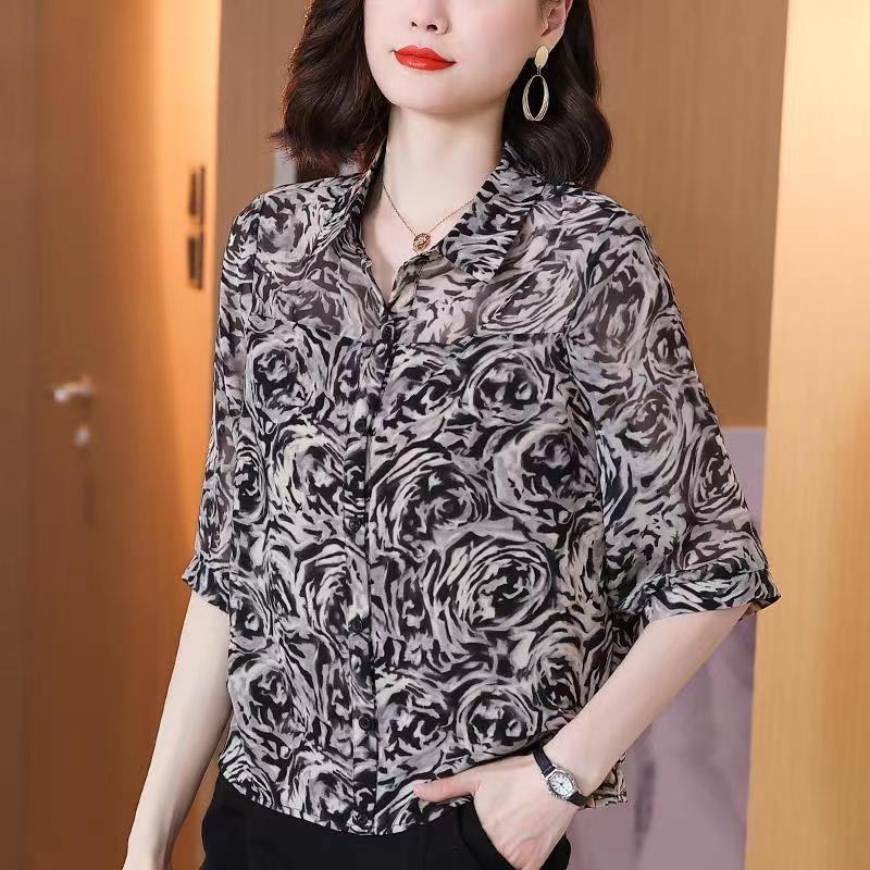 Office Lady Elegant Turn-down Collar Blouse Vintage Rose Printed Summer Casual Half Sleeve Women's Stylish Single-breasted 
