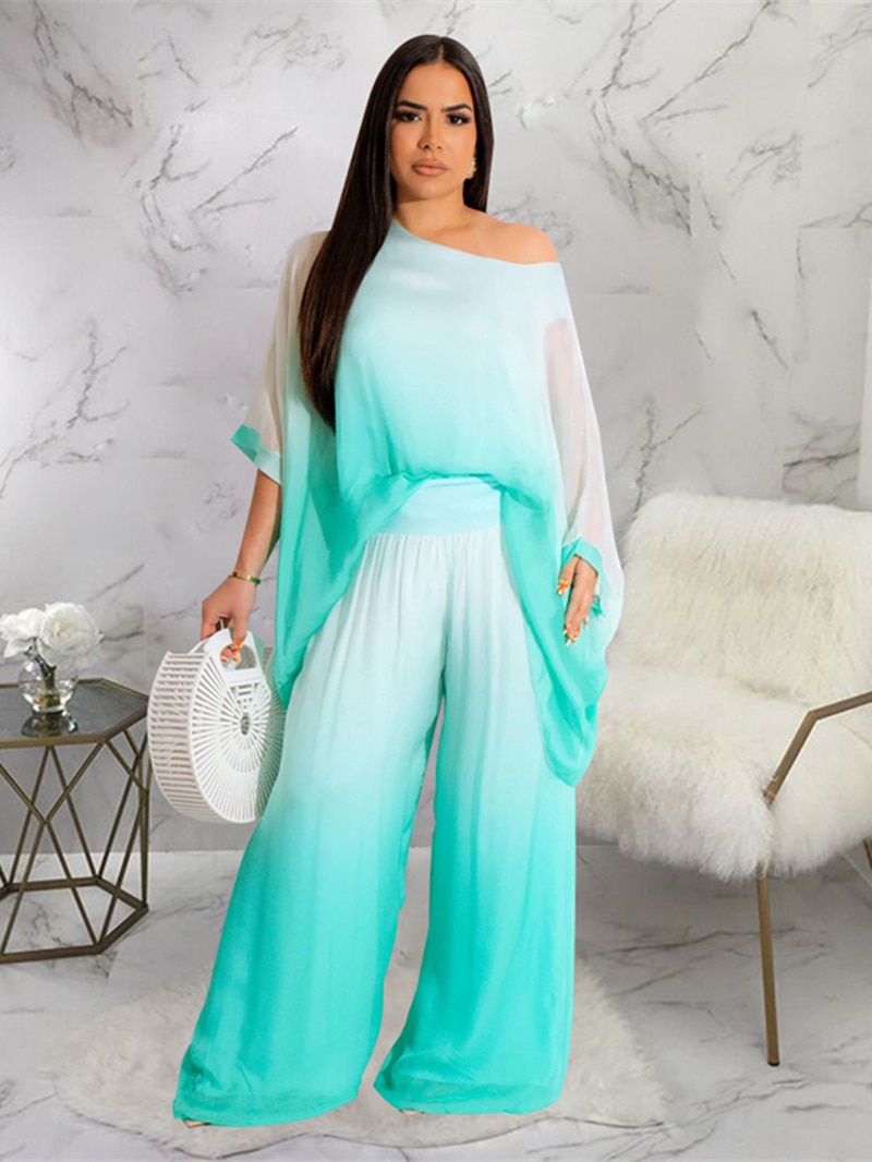 Fashion Gradient Tie Dye Tracksuit Women Two 2 Piece Set Outfits Summer Clothing Batwing Sleeve T-shirt Top Wide Leg Pants Suits