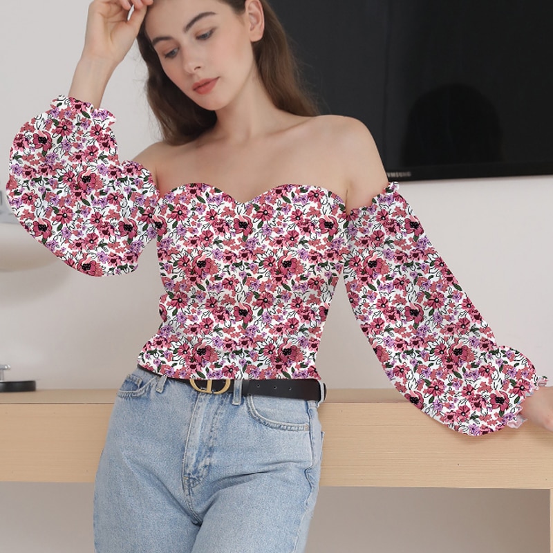Sexy Off Shoulder Tops 2023 New Long Sleeve Shirt Summer and Spring Elegant Fashion Floral Print Blouse Women's Clothing 25