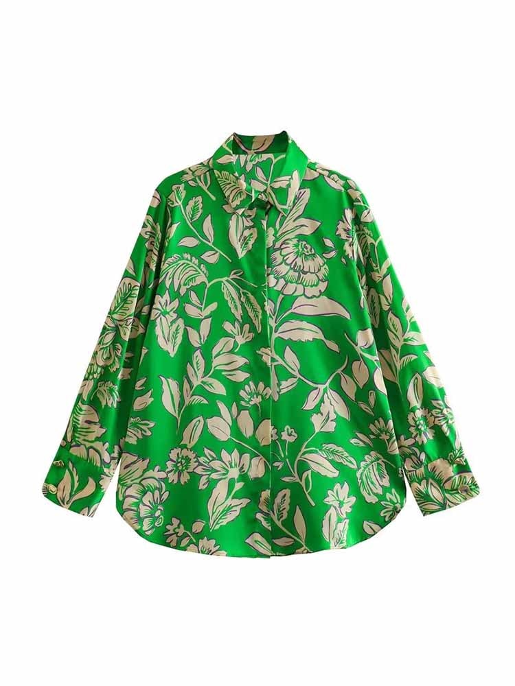 BSK&ZA&TRF Women 2023 New Fashion Floral Print Satin texture Loose Blouses Vintage Button-up Female Shirts Chic Tops 308