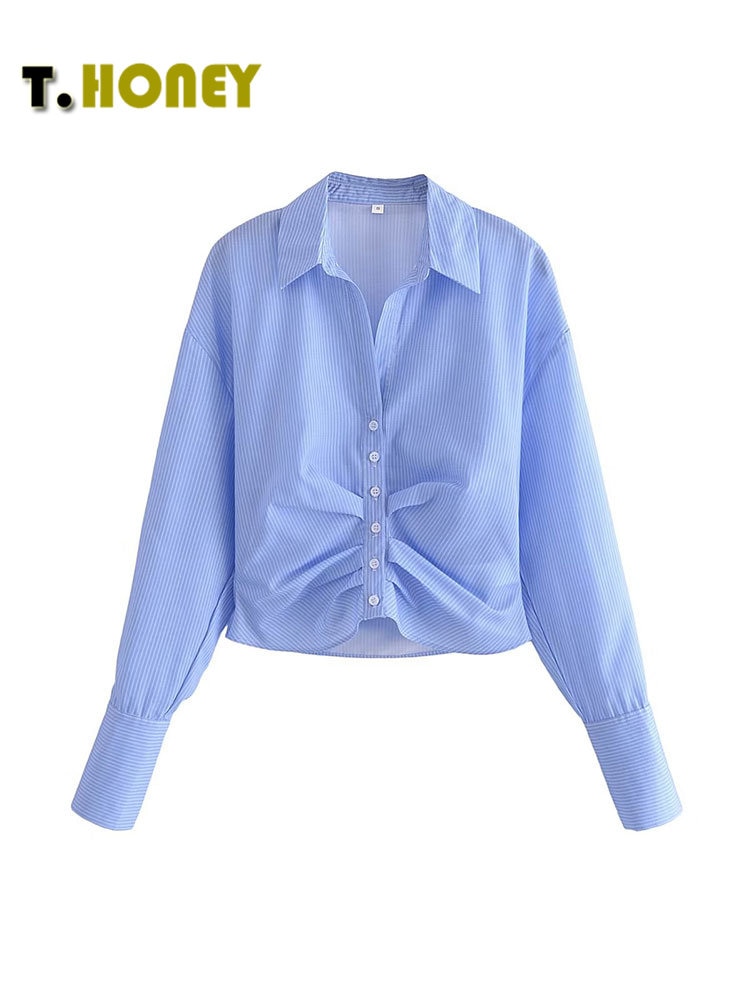 TELLHONEY Women Fashion V-Neck Single Breasted Striped Blouses Female Casual Long Sleeves Slim Fitting Pleats Crop Shirt