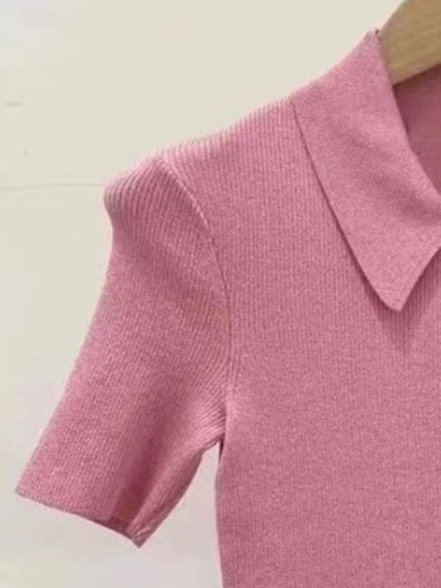 Women's Sweater Front Buttons Turn Down Collar Short Sleeve Solid Color Slim Knitting Pullover