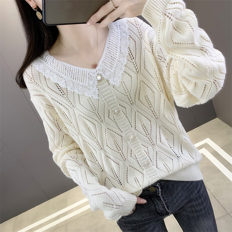 Spring and autumn new V-neck lace edge hollowed out women's knitted sweater loose long sleeves